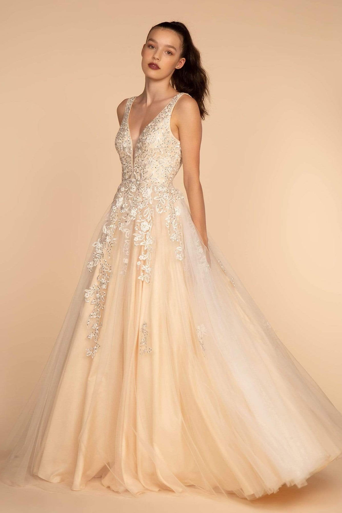 GLS by Gloria - GL2529 Plunging V-Neck Trailing Blossom Gown Wedding Dresses XS / Champagne