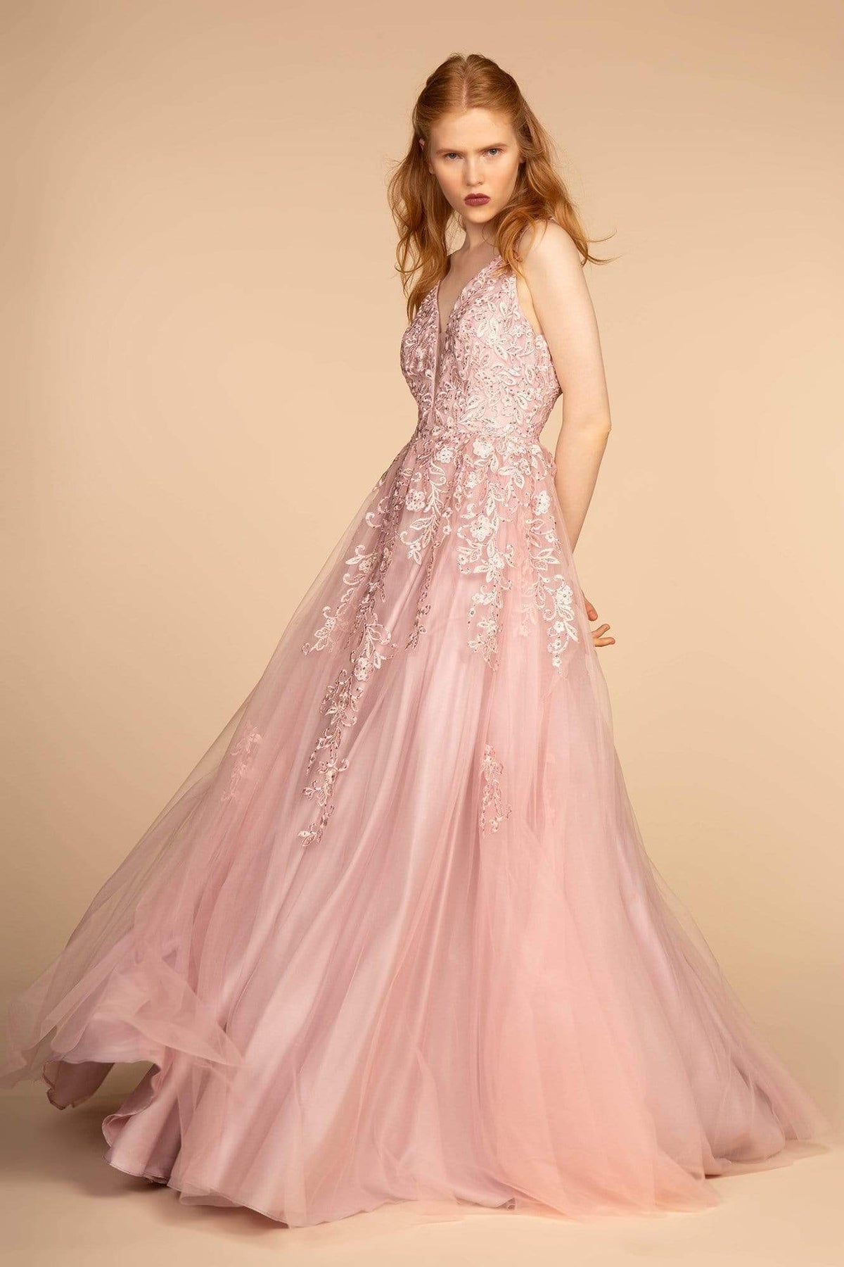 GLS by Gloria - GL2529 Plunging V-Neck Trailing Blossom Gown Wedding Dresses XS / Mauve