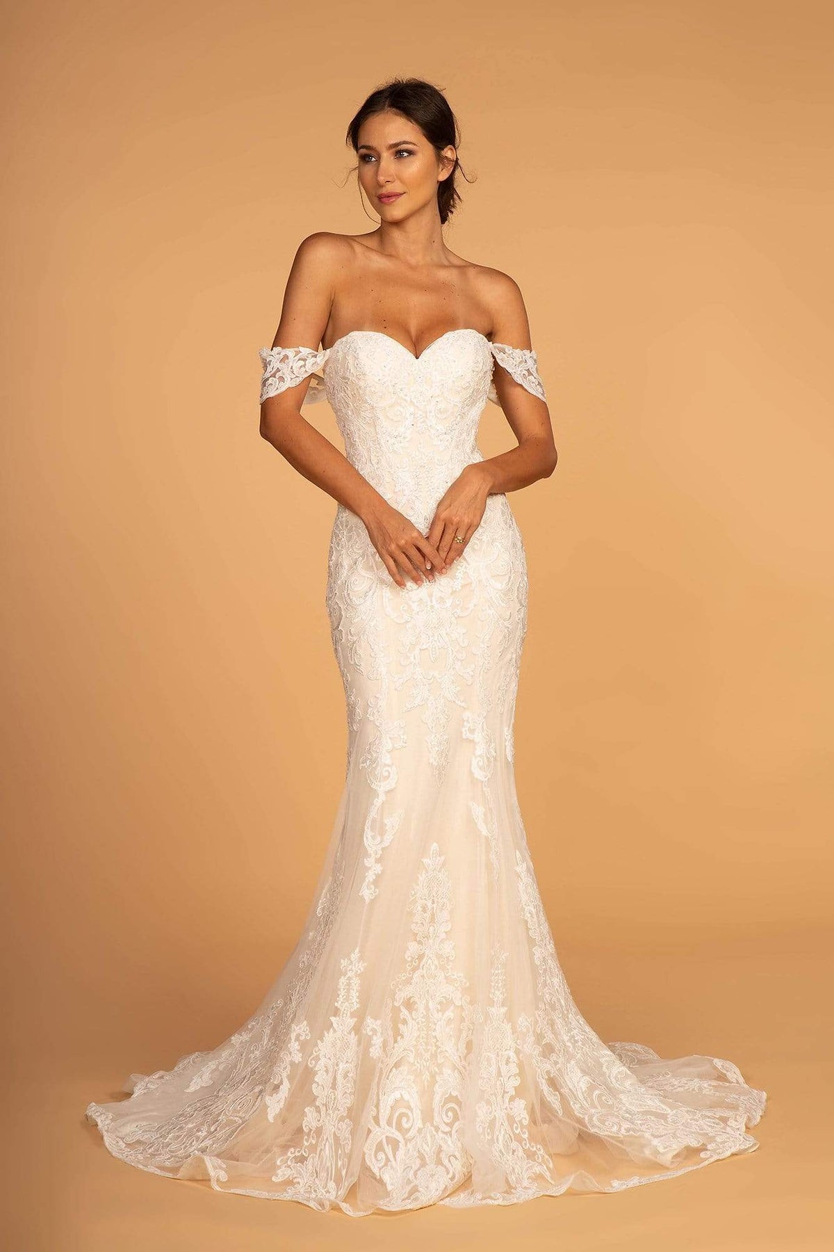 GLS by Gloria - GL2591 Lace Off-Shoulder Mermaid Gown Wedding Dresses XS / Ivory/Champagne