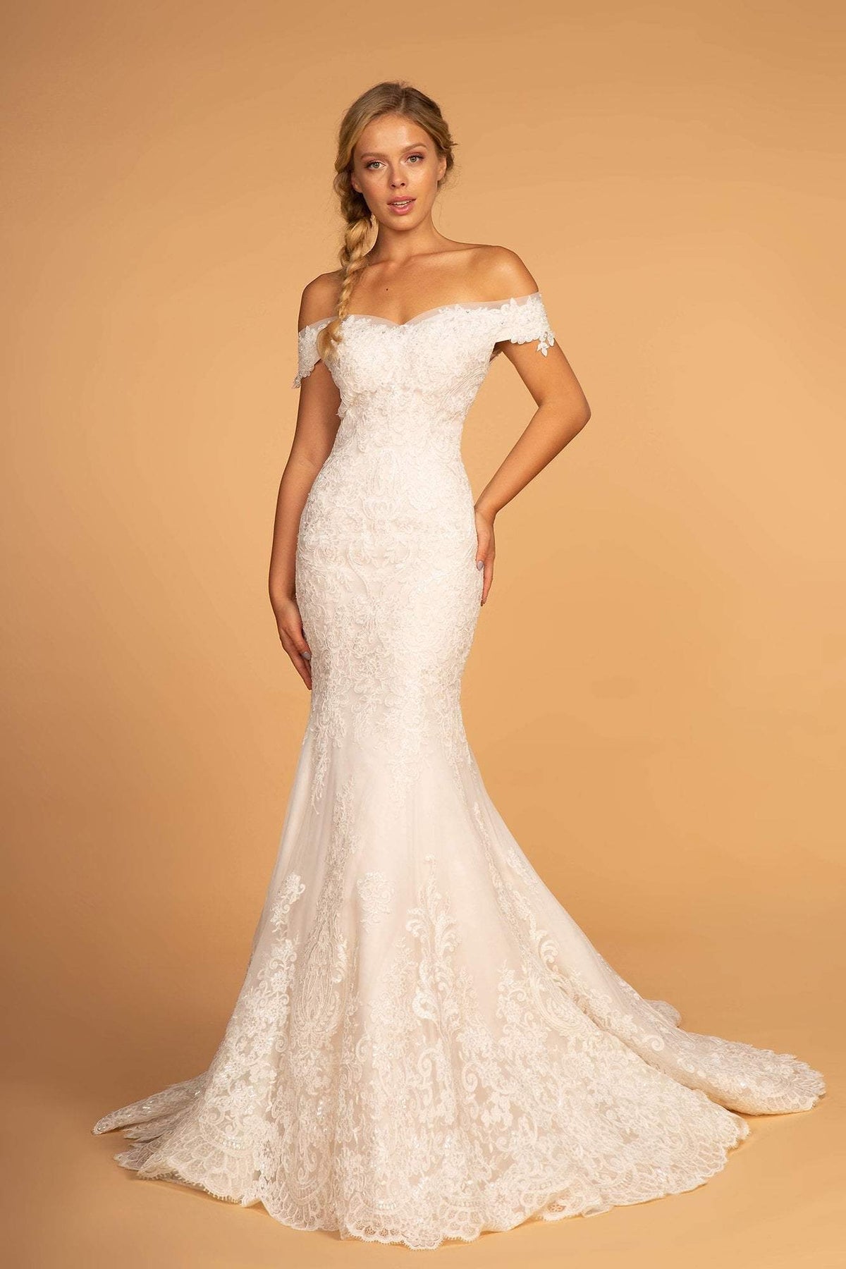 GLS by Gloria - GL2594 Lace Off-Shoulder Mermaid Dress With Train Wedding Dresses XS / Ivory/Cream