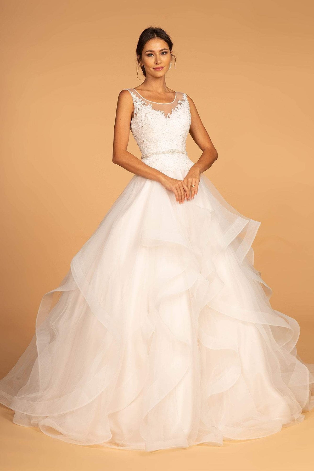 GLS by Gloria - GL2599 Embellished Lace Illusion Scoop Dress Wedding Dresses XS / Ivory/Champagne