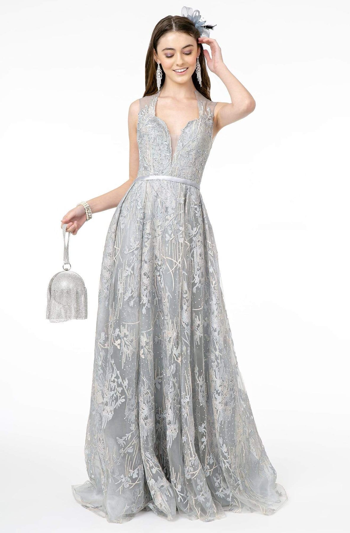 GLS by Gloria - GL2835 Embellished Lace Deep V-Neck A-Line Gown Prom Dresses