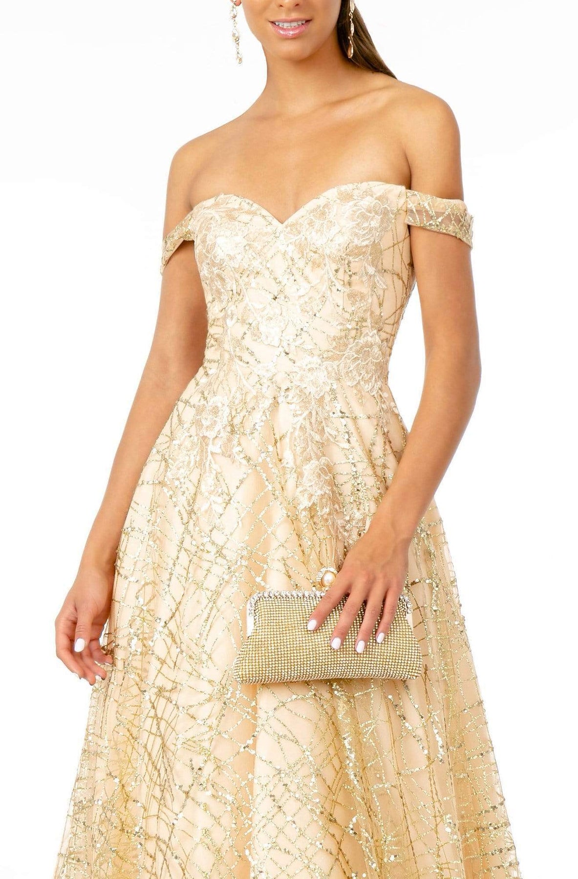 GLS by Gloria - GL2887 Floral Embroidered Glitter Mesh Gown Prom Dresses