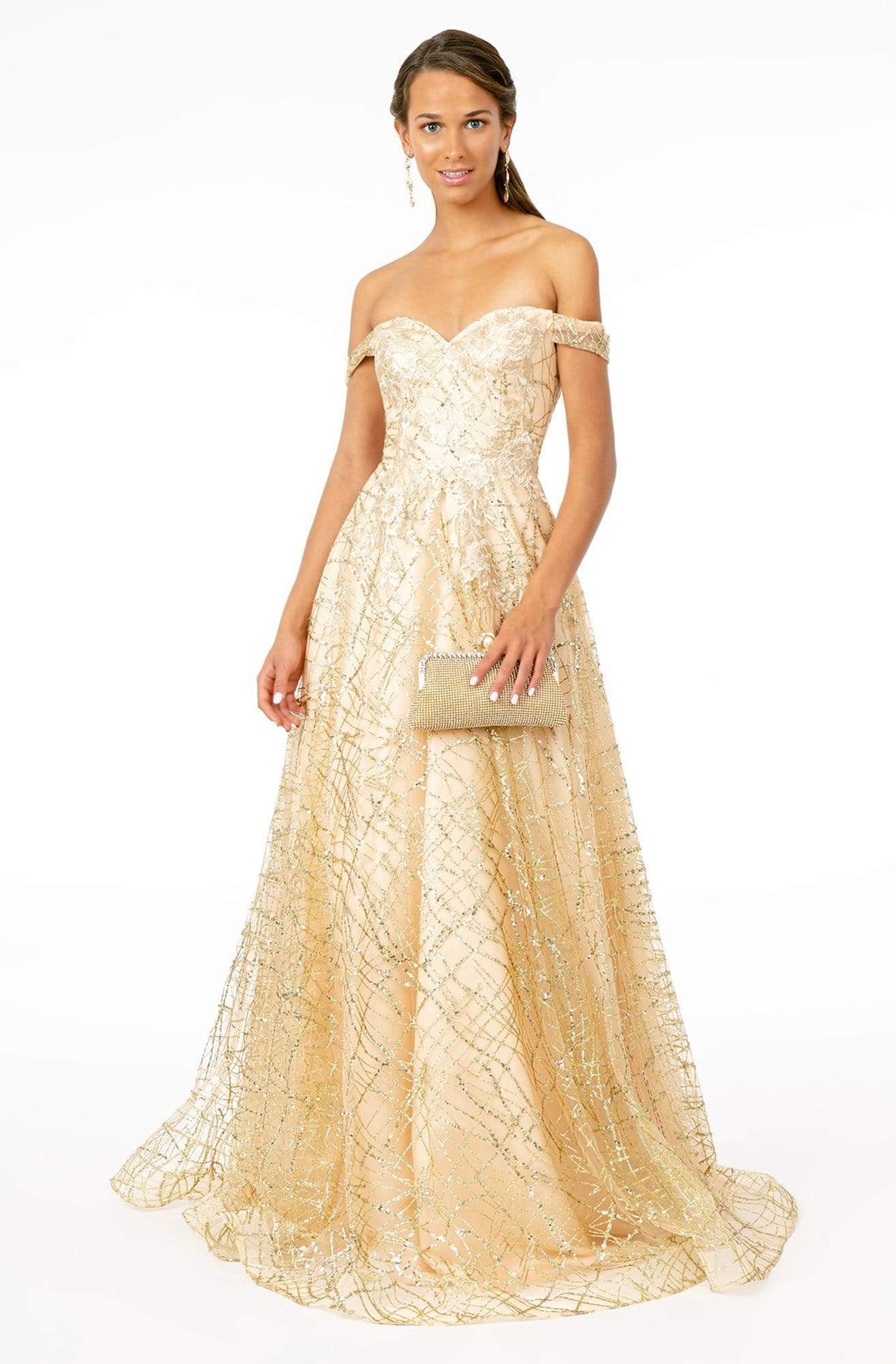 GLS by Gloria - GL2887 Floral Embroidered Glitter Mesh Gown Prom Dresses XS / Champagne