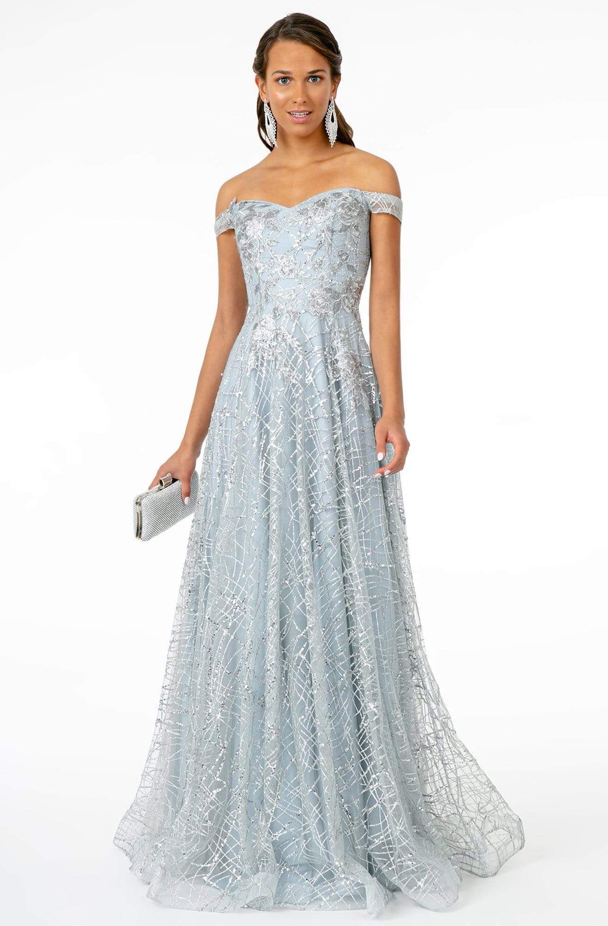 GLS by Gloria - GL2887 Floral Embroidered Glitter Mesh Gown Prom Dresses XS / Silver