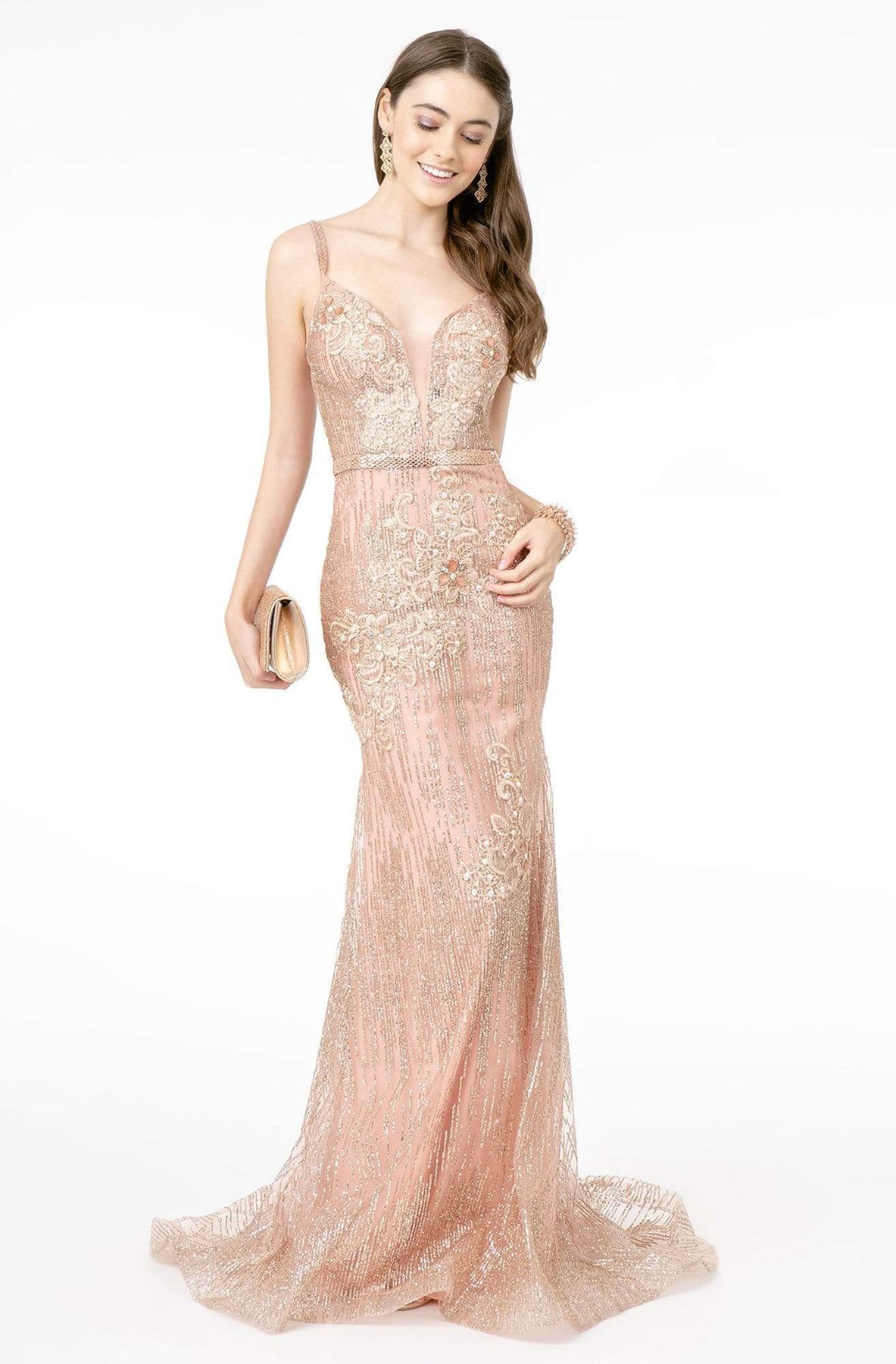 GLS by Gloria - GL2889 Plunging Floral Embroidered Mermaid Gown Pageant Dresses XS / Dusty Rose