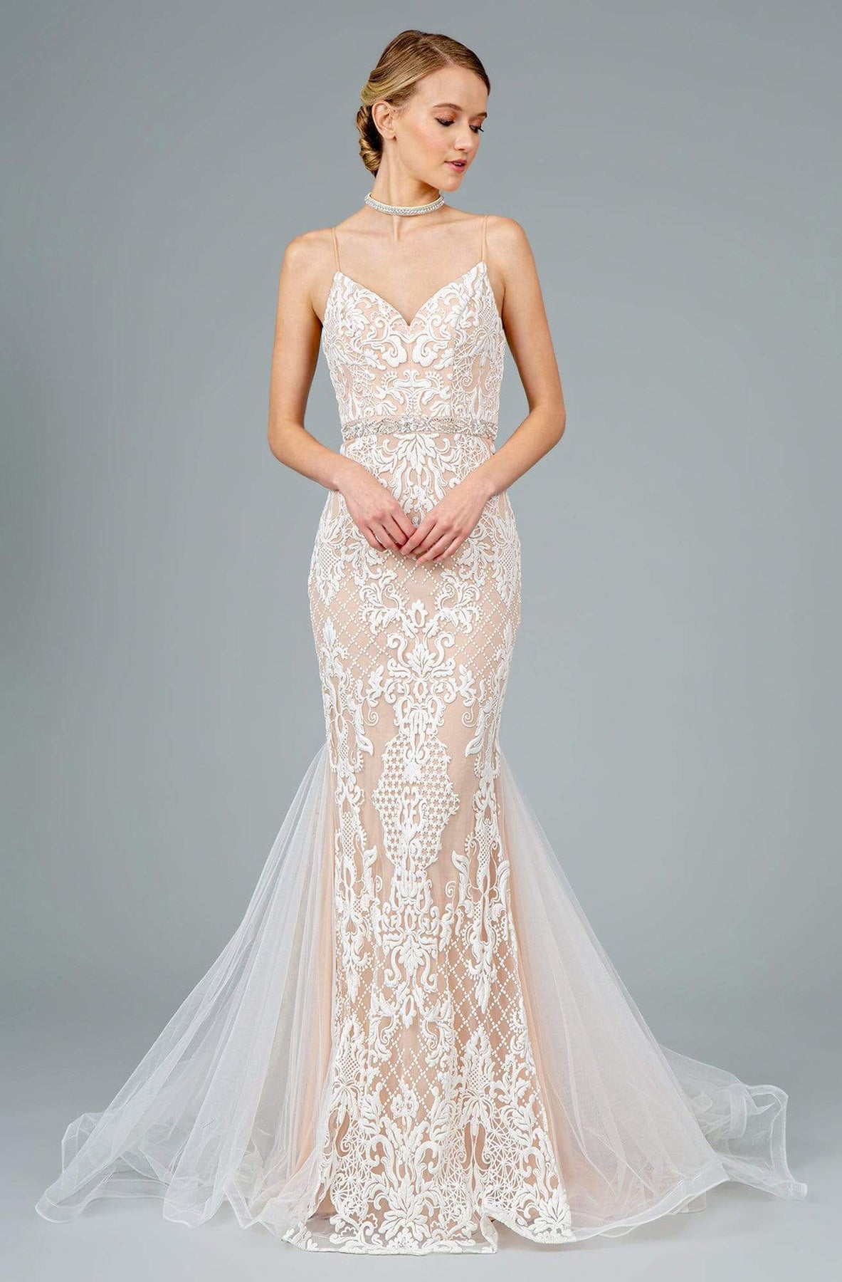 GLS by Gloria - GL2934 Embroidered V-Neck Mermaid Gown Evening Dresses XS / Champagne