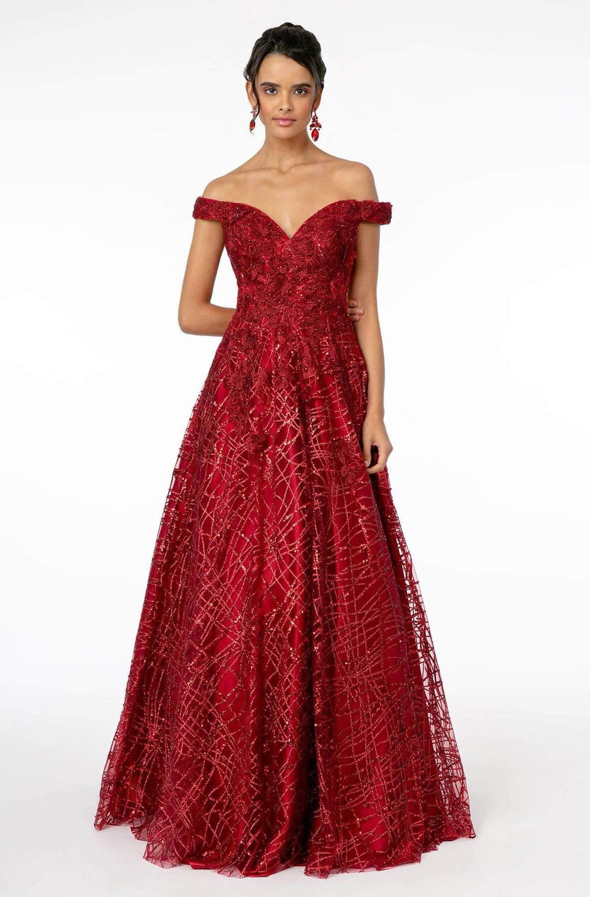 GLS by Gloria - GL2944 Embroidered Sequin Off-Shoulder Gown Prom Dresses XS / Burgundy