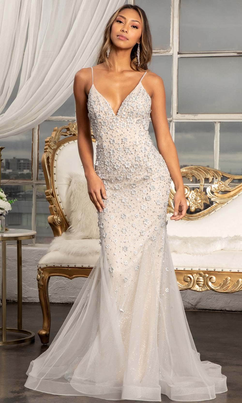 GLS by Gloria GL3000 - Sleeveless V-neck Evening Gown Prom Dresses XS / Grey/Nude