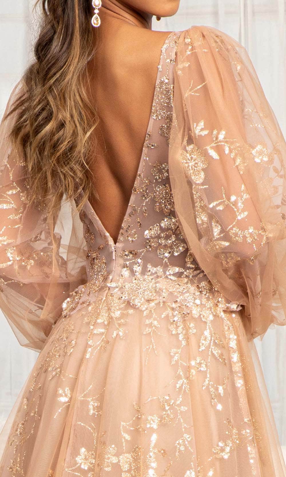 GLS by Gloria GL3001 - Long Puffed Sleeves Deep V-neck Evening Gown Prom Dresses