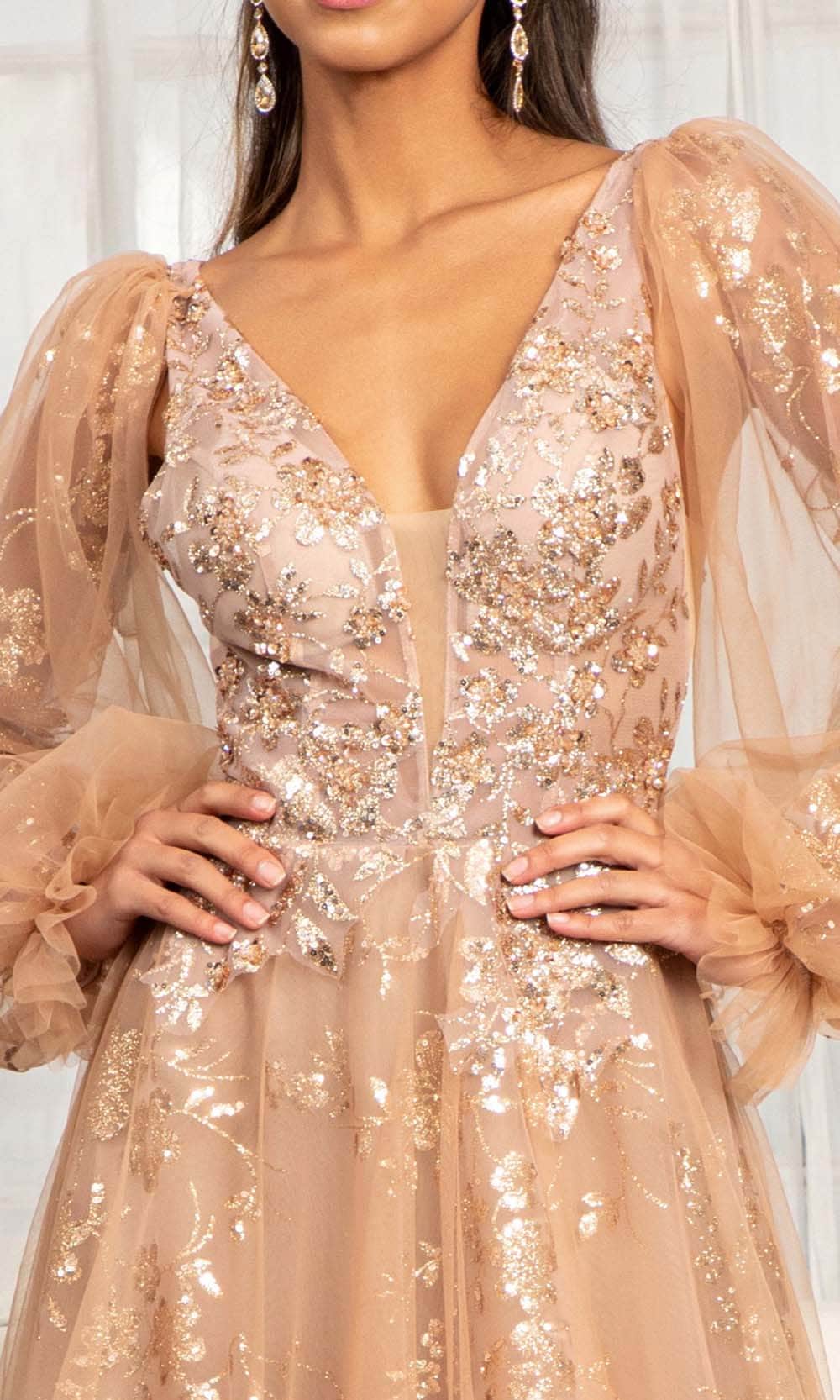 GLS by Gloria GL3001 - Long Puffed Sleeves Deep V-neck Evening Gown Prom Dresses