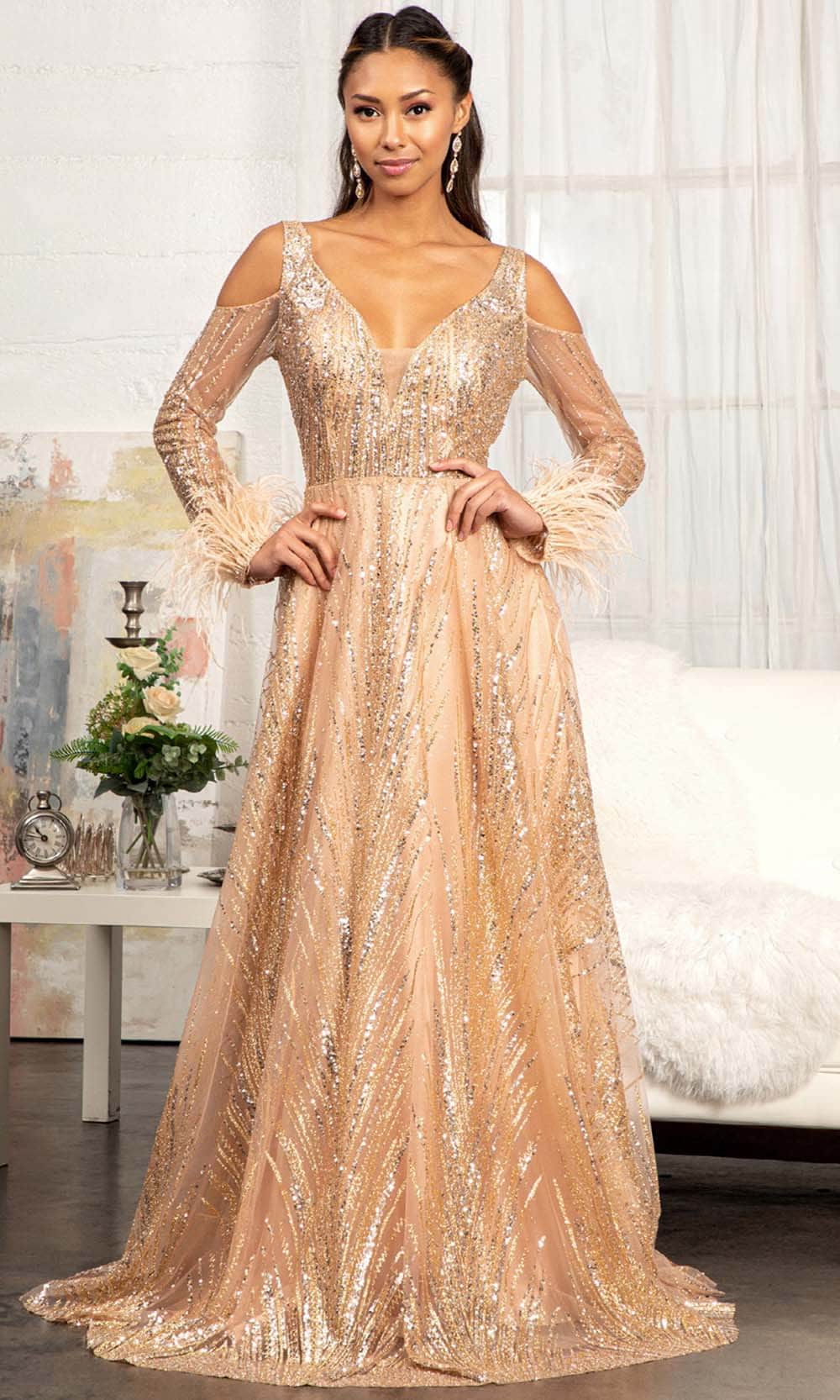 GLS by Gloria GL3041 - Cut Out Long Sleeve Long Dress Prom Dresses XS / Rose Gold