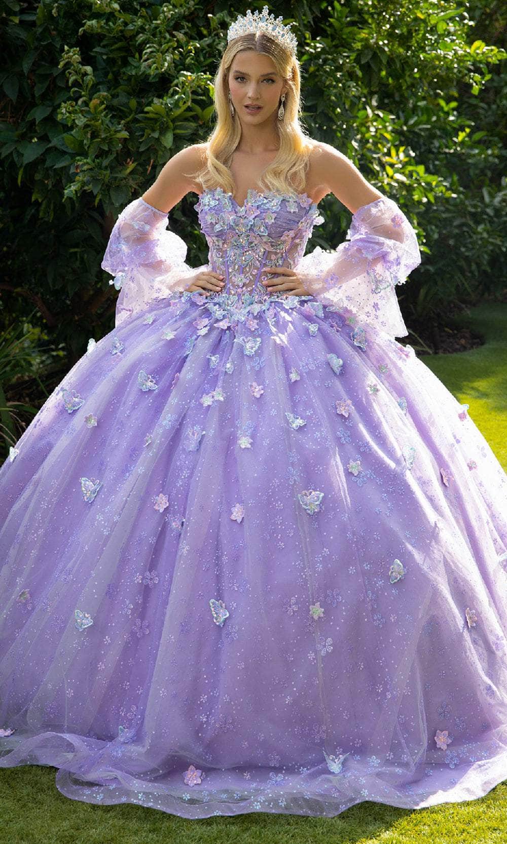 GLS by Gloria GL3541 - Long Glitter Netting Ballgown Dress - Strapless, Detachable Puff Sleeves, 3D Flower and Butterfly Applique, Sequins, Lace-Up Back, Court Train, Sheer Corset Bodice ADASA GLS by Gloria GL3541 - Long Glitter Netting Ballgown Dress - Strapless, Detachable Puff Sleeves, 3D Flower and Butterfly Applique, Sequins, Lace-Up Back, Court Train, Sheer Corset Bodice ADASA