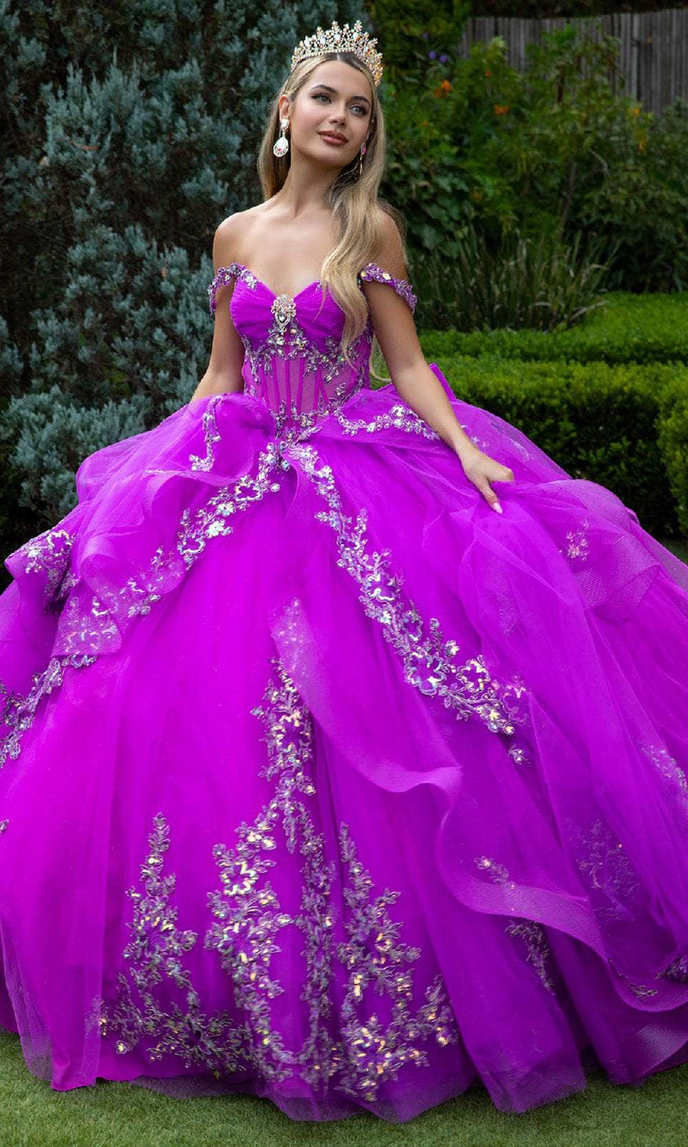 GLS by Gloria GL3548 - Long Tulle, Glitter Netting Ballgown Dress - Off Shoulder, Beaded, Sequin, Embroidery, Ruffles, Horsehair Hem, Chapel Train, Lace-Up Back, Detachable Back Bow, Corset Boning Bodice ADASA GLS by Gloria GL3548 - Long Tulle, Glitter Netting Ballgown Dress - Off Shoulder, Beaded, Sequin, Embroidery, Ruffles, Horsehair Hem, Chapel Train, Lace-Up Back, Detachable Back Bow, Corset Boning Bodice ADASA