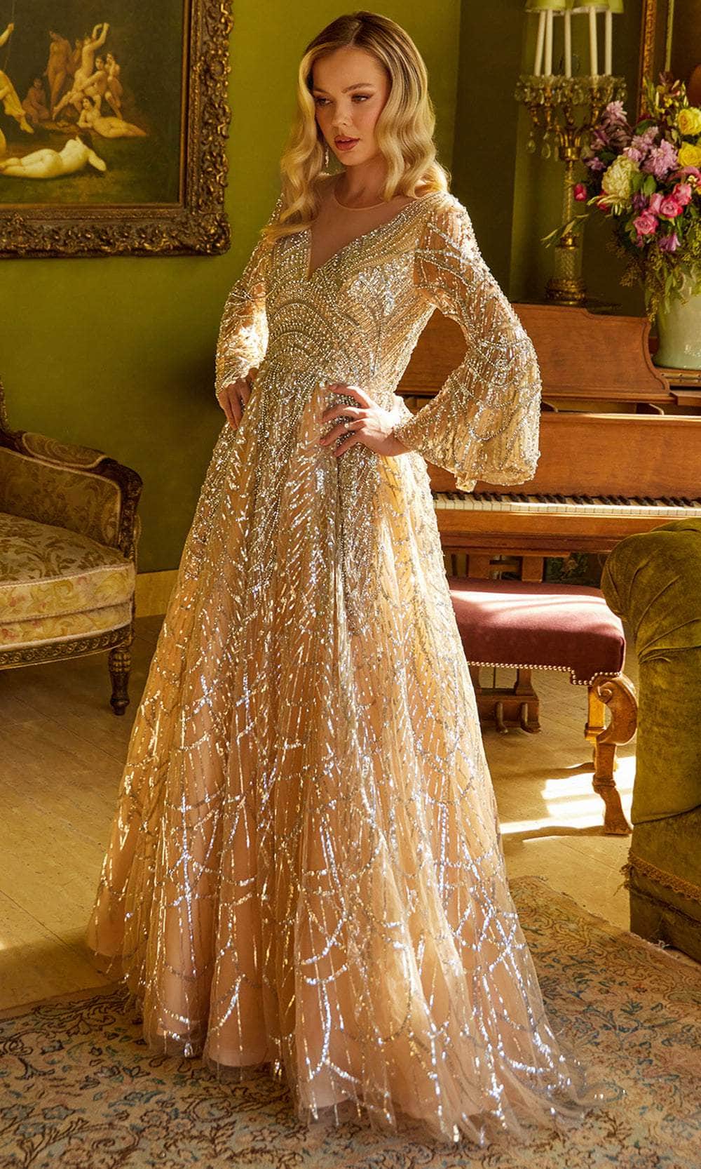 Beaded Bell Sleeve A-line Gown by GLS Gloria GL3582-New Collection M / Gold Beaded Bell Sleeve A-line Gown by GLS Gloria GL3582-New Collection M / Gold