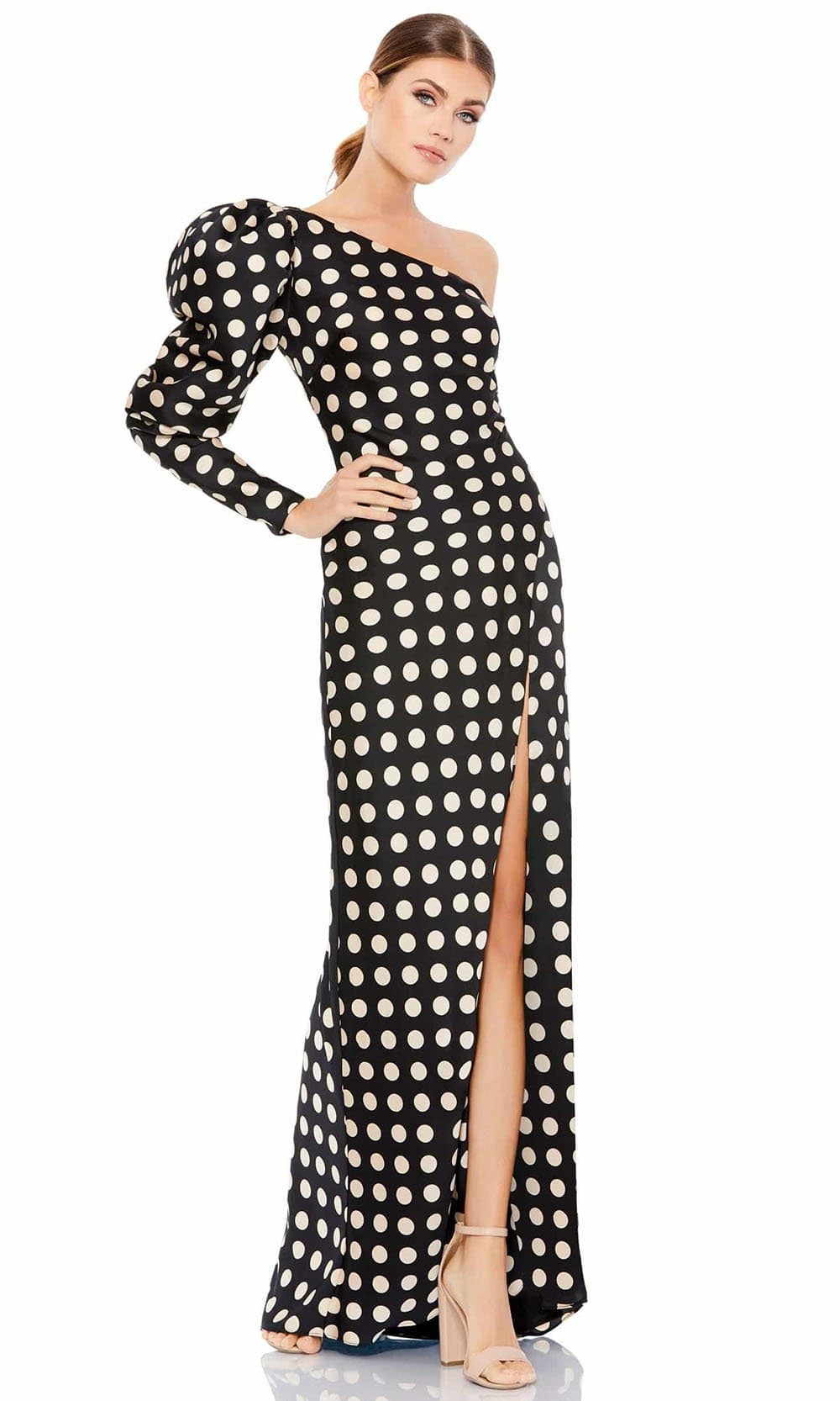 Ieena Duggal - 26515 Puff Long Sleeve Polkadot Dress Evening Dresses 0 / Black/White
