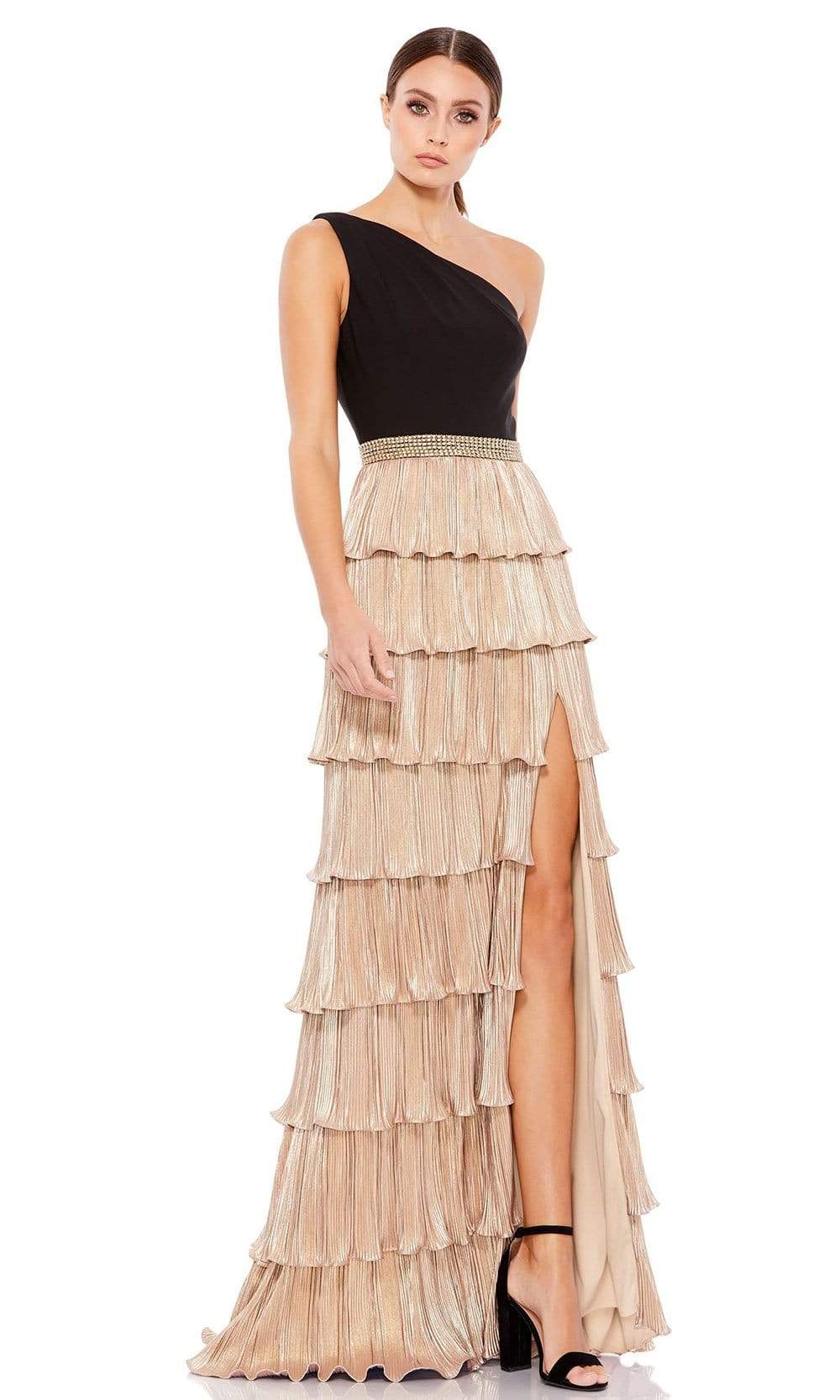 Ieena Duggal - 26541 One Shoulder Tiered Skirt Dress Evening Dresses 0 / Black / Gold