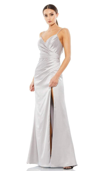 Ieena Duggal - 26585 Wrap Style Sheath Gown Special Occasion Dress 0 / Platinum