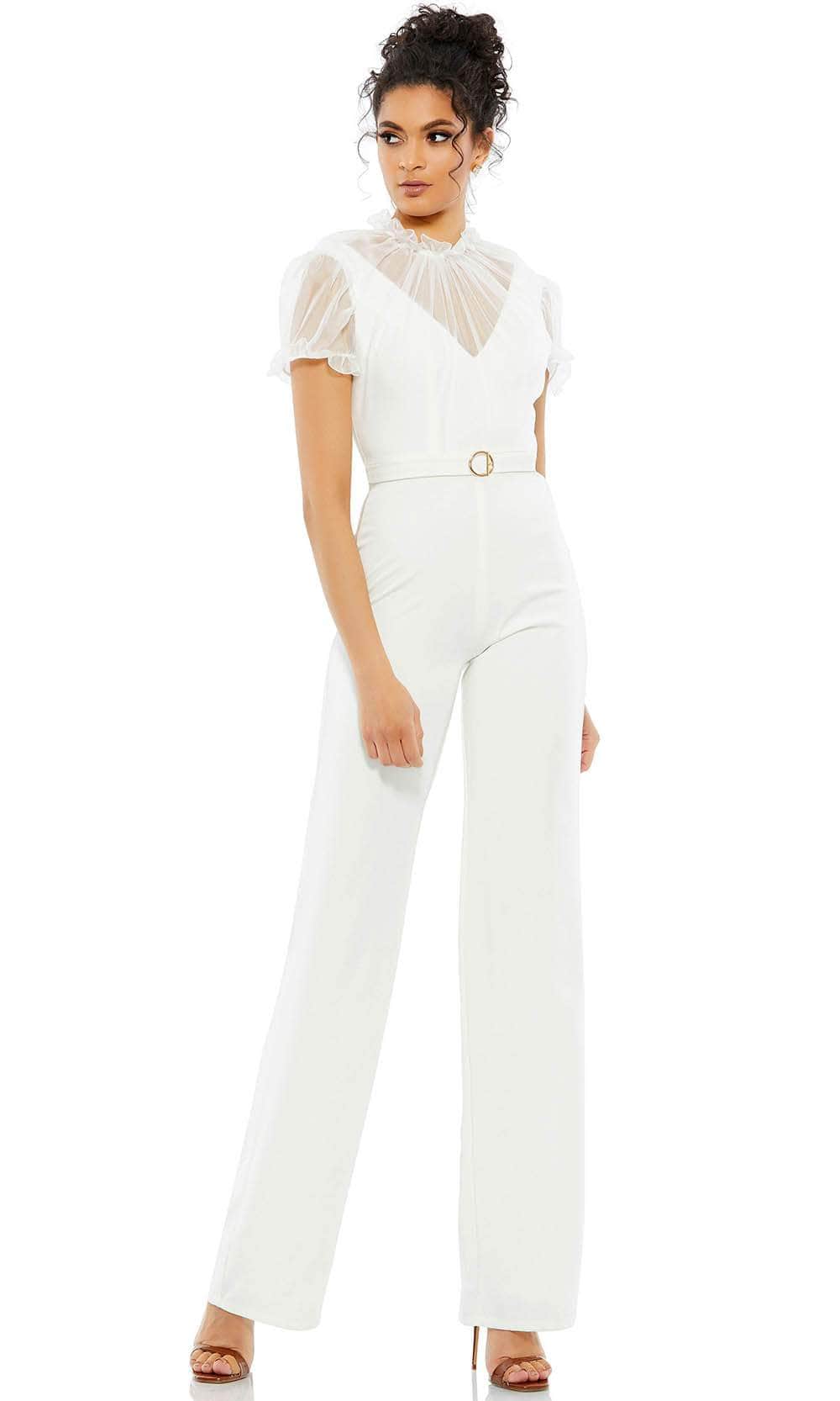 Ieena Duggal 26621 - Sheer Yoke Jumpsuit Special Occasion Dress 0 / White