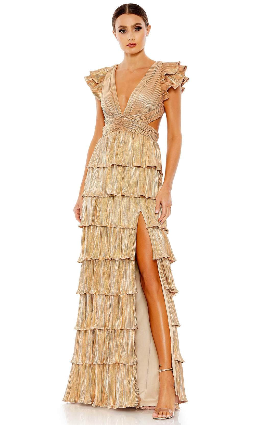 Ieena for Mac Duggal - Gold Ruffle Tiered Criss Cross Lace Up Gown - US 2 Ieena for Mac Duggal - Gold Ruffle Tiered Criss Cross Lace Up Gown - US 2