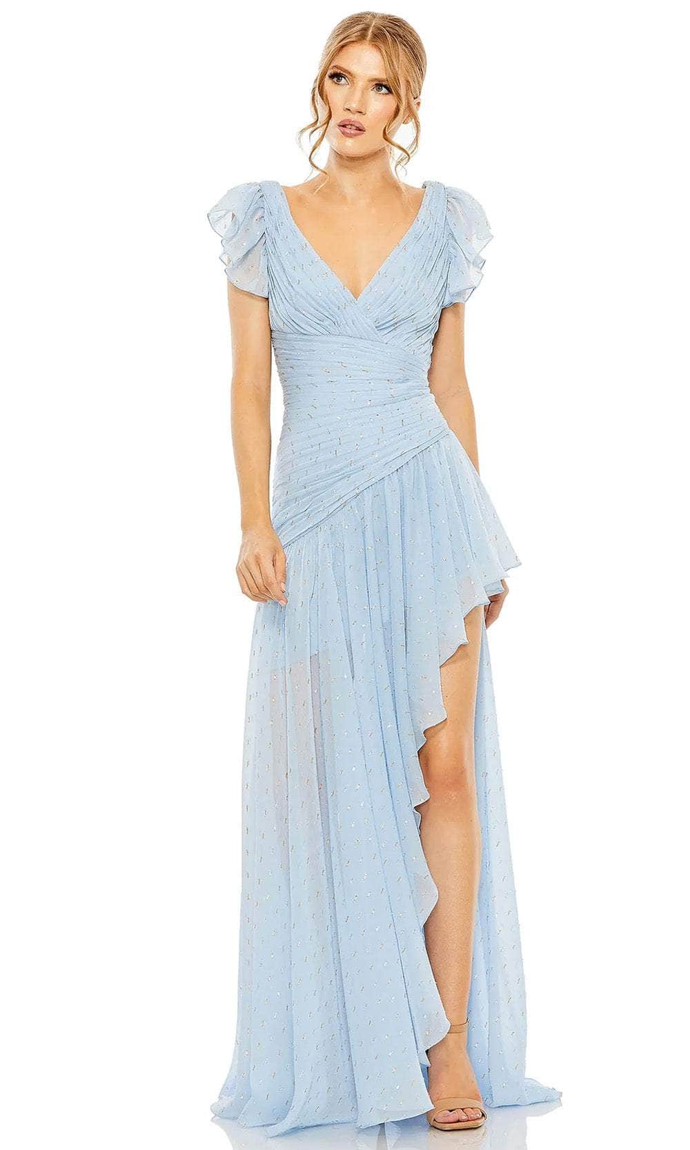 Blue Asymmetrical Ruched Gown With Flutter Sleeves Blue Asymmetrical Ruched Gown With Flutter Sleeves
