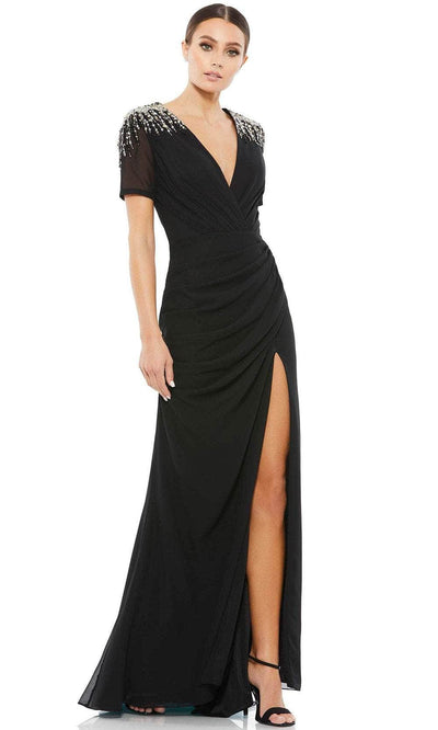 Ieena Duggal 55704 - Embellished Shoulders V-Neck Long Dress Evening Dresses 0 / BLACK