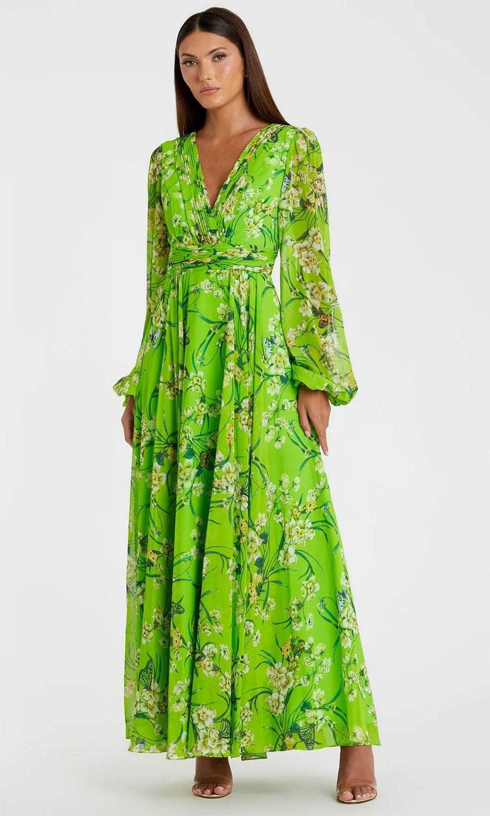 Ieena Duggal 56013 - Long Chiffon Fabric (100% polyester) A-Line Dress - Floral Printed, Long Puff Sleeve, Ruched, Waistband, Full Back, Concealed Back Zipper, Full Length ADASA Ieena Duggal 56013 - Long Chiffon Fabric (100% polyester) A-Line Dress - Floral Printed, Long Puff Sleeve, Ruched, Waistband, Full Back, Concealed Back Zipper, Full Length ADASA