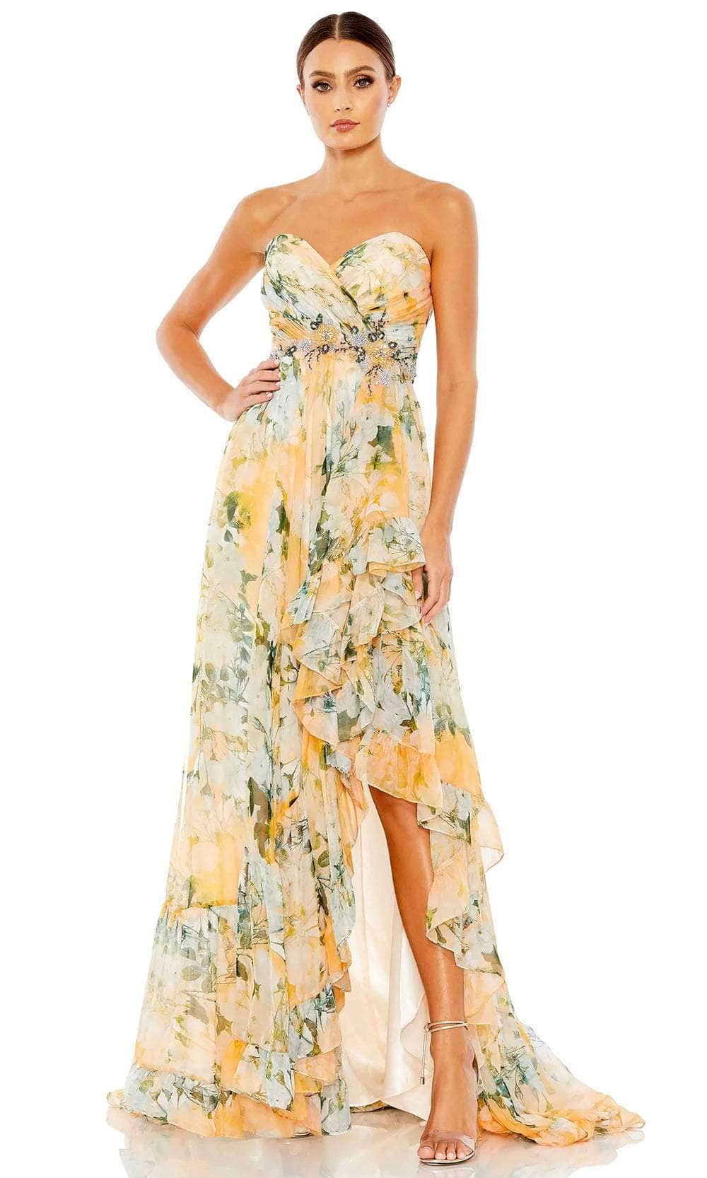 Ieena Duggal 68117 - Strapless Printed Chic Gown Evening Dresses 0 / Peach Multi