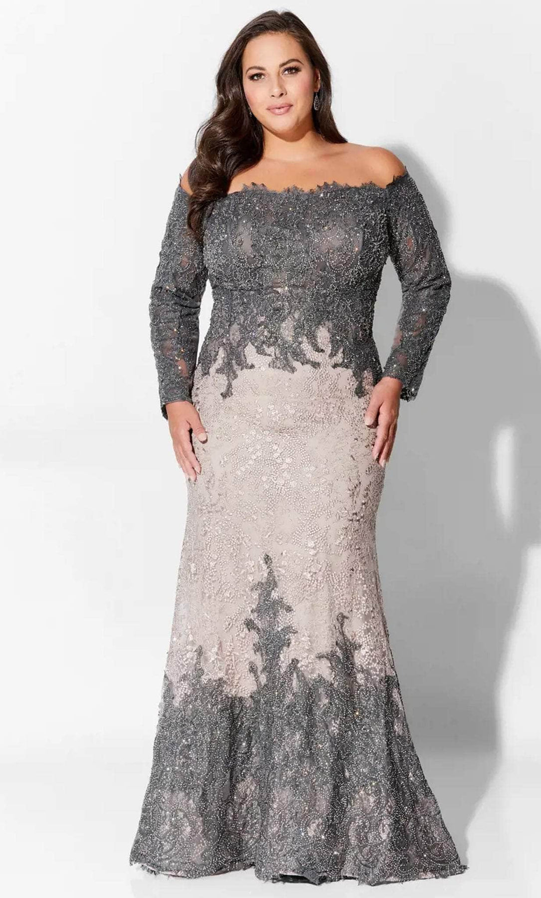 Ivonne D 220D30 - Straight Across Embroidered Prom Gown Prom Dresses 4 / Charcoal/Stone