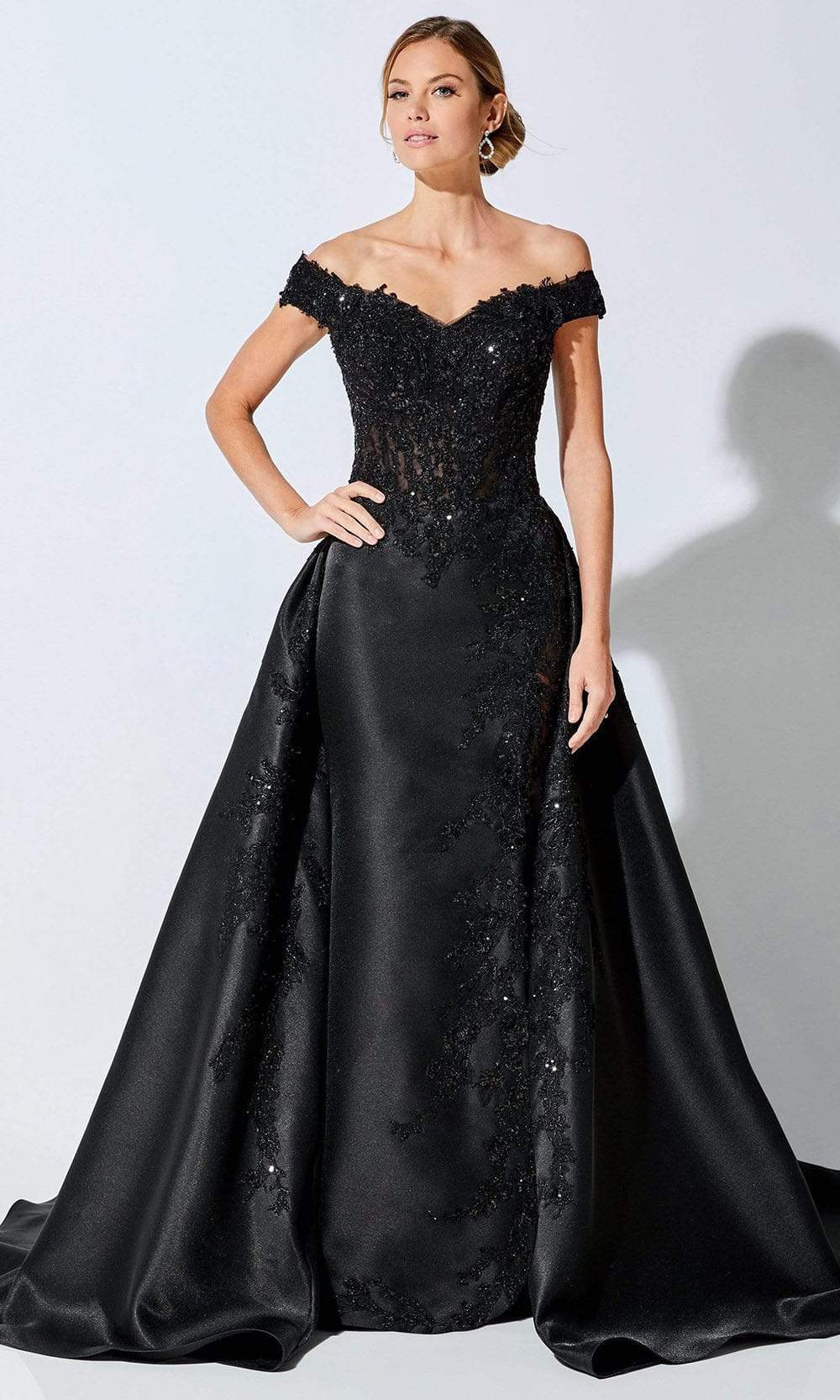 Ivonne D by Mon Cheri - 221D51 V-Neck Formal Dress With Overskirt 16 / Charcoal Ivonne D by Mon Cheri - 221D51 V-Neck Formal Dress With Overskirt 16 / Charcoal