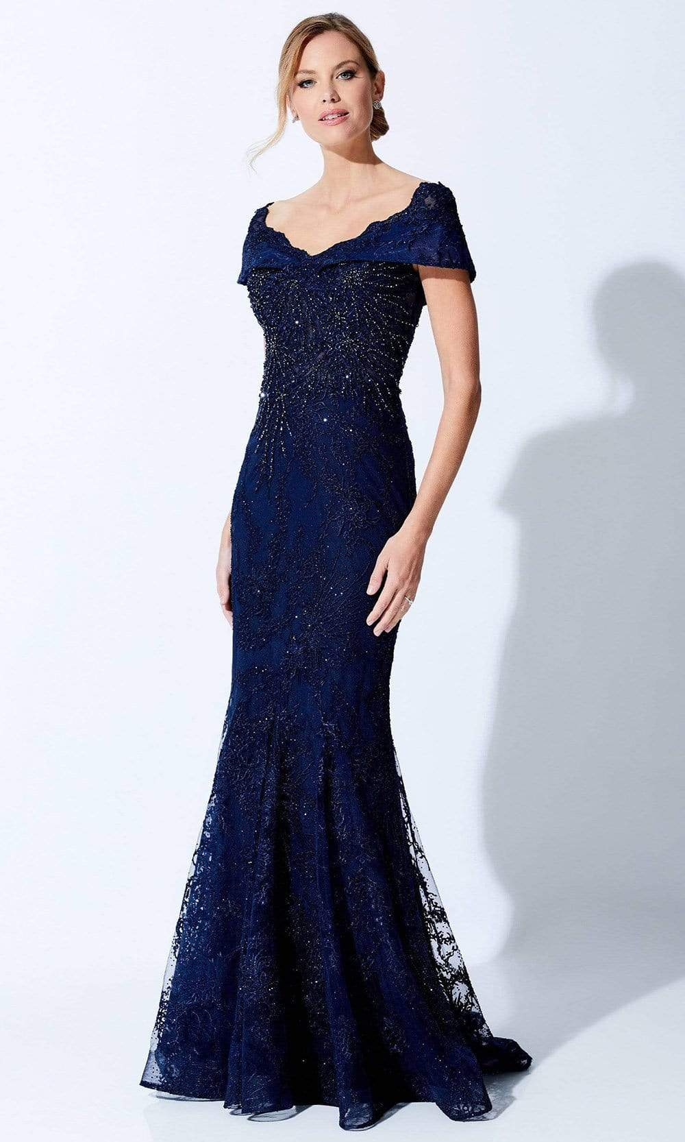Ivonne D by Mon Cheri - Wide V-Neck Beaded Evening Dress Mother of the Bride Dresses 4 / Midnight