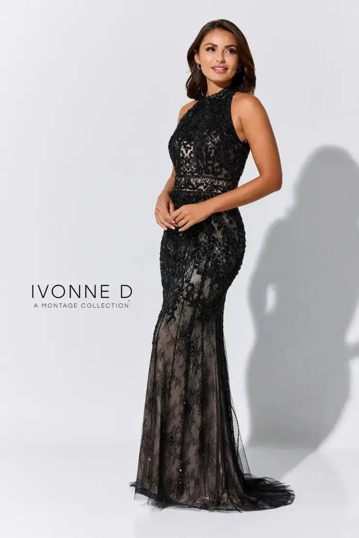 Ivonne D for Mon Cheri - 218D27 Beaded Lace Sheer Halter Fitted Dress Evening Dresses 4 / Black/Nude