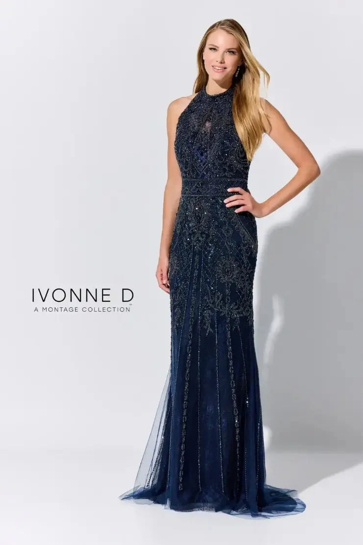 Ivonne D for Mon Cheri - 218D27 Beaded Lace Sheer Halter Fitted Dress Evening Dresses 4 / Navy