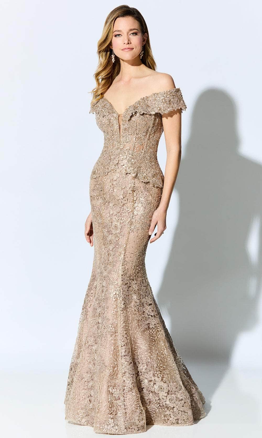 Ivonne D for Mon Cheri ID900 - Off-Shoulder Peplum Formal Gown Special Occasion Dress 4 / Antique Gold