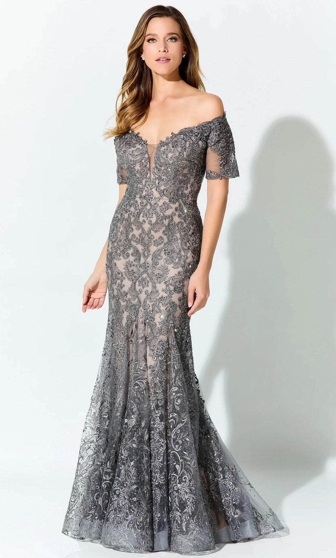 Ivonne D ID925 - Embroidered Short Sleeve Prom Gown Prom Dresses 4 / Charcoal