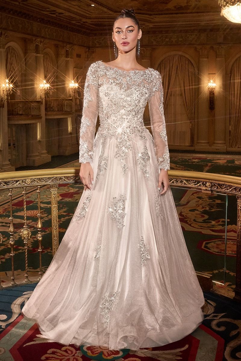 Ladivine Bridal J883W - Bateau Neck Lace Appliqued Gown Wedding Dresses in White