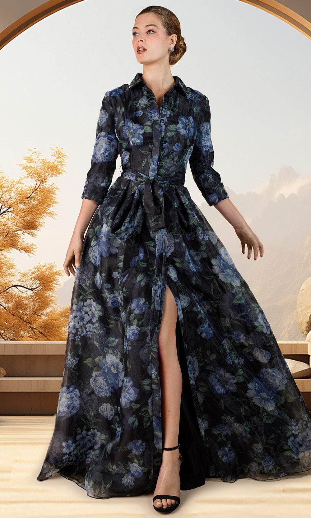 Janique 21321 - Long A-Line Dress - Cuffed Quarter Sleeves, Collar, Button Down Bodice, Tie Waistband, Full Back, High Slit, Brush Train 14 / Twilight Janique 21321 - Long A-Line Dress - Cuffed Quarter Sleeves, Collar, Button Down Bodice, Tie Waistband, Full Back, High Slit, Brush Train 14 / Twilight
