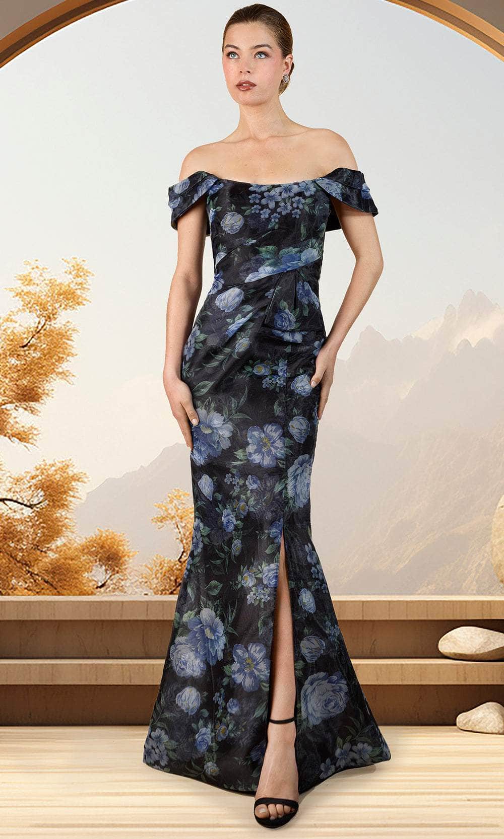 Janique 241020 - Long Mermaid Dress - Foldover Draped Sleeves, Asymmetrical Empire Waist with Folded Bow Accent, High Slit, Midrise Back, Sweep Train ADASA Janique 241020 - Long Mermaid Dress - Foldover Draped Sleeves, Asymmetrical Empire Waist with Folded Bow Accent, High Slit, Midrise Back, Sweep Train ADASA