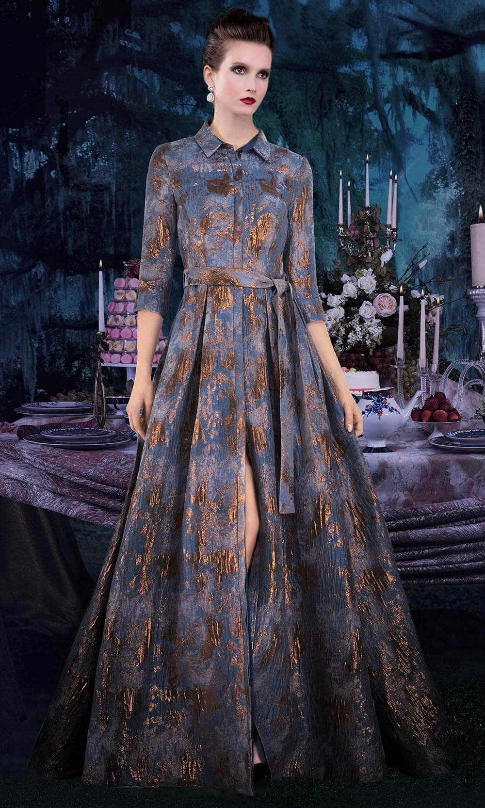 Janique 71321 - Long A-Line Dress - Metallic Accented Jacquard, Quarter Sleeves, Folded Cuffs, Collar, Button Down, Full Back, Tie-Waistband, High Janique 71321 - Long A-Line Dress - Metallic Accented Jacquard, Quarter Sleeves, Folded Cuffs, Collar, Button Down, Full Back, Tie-Waistband, High