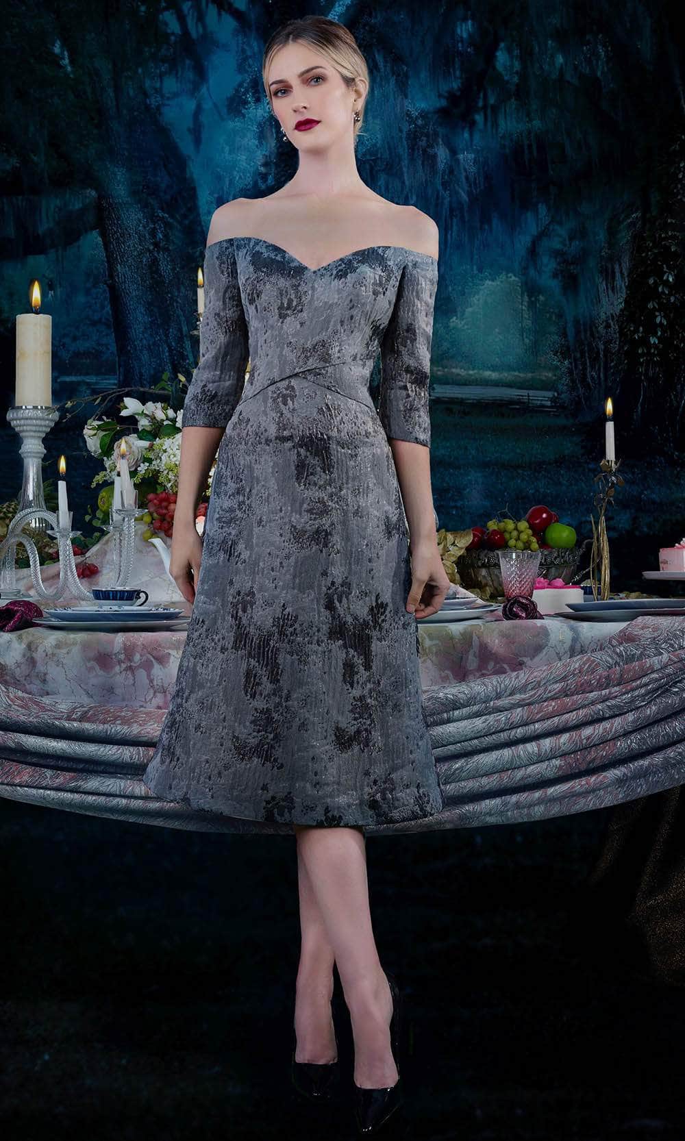 Janique 7621 - Tea-Length A-Line Dress - Quarter-Length Sleeves, Off- Shoulder, Mid-Open Back ADASA Janique 7621 - Tea-Length A-Line Dress - Quarter-Length Sleeves, Off- Shoulder, Mid-Open Back ADASA