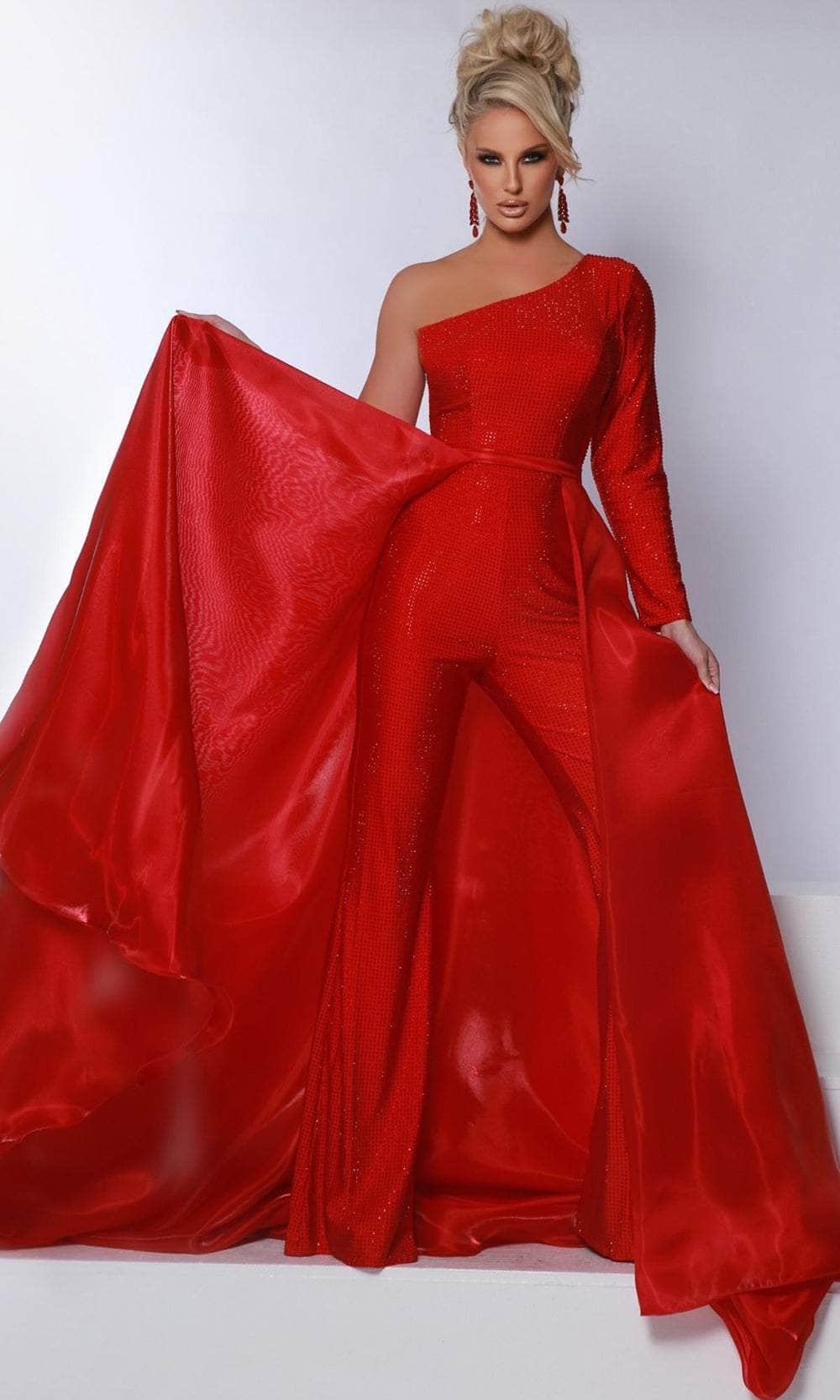 Johnathan Kayne 3103 - Asymmetric Neck Overskirt Jumpsuit Formal Pantsuits