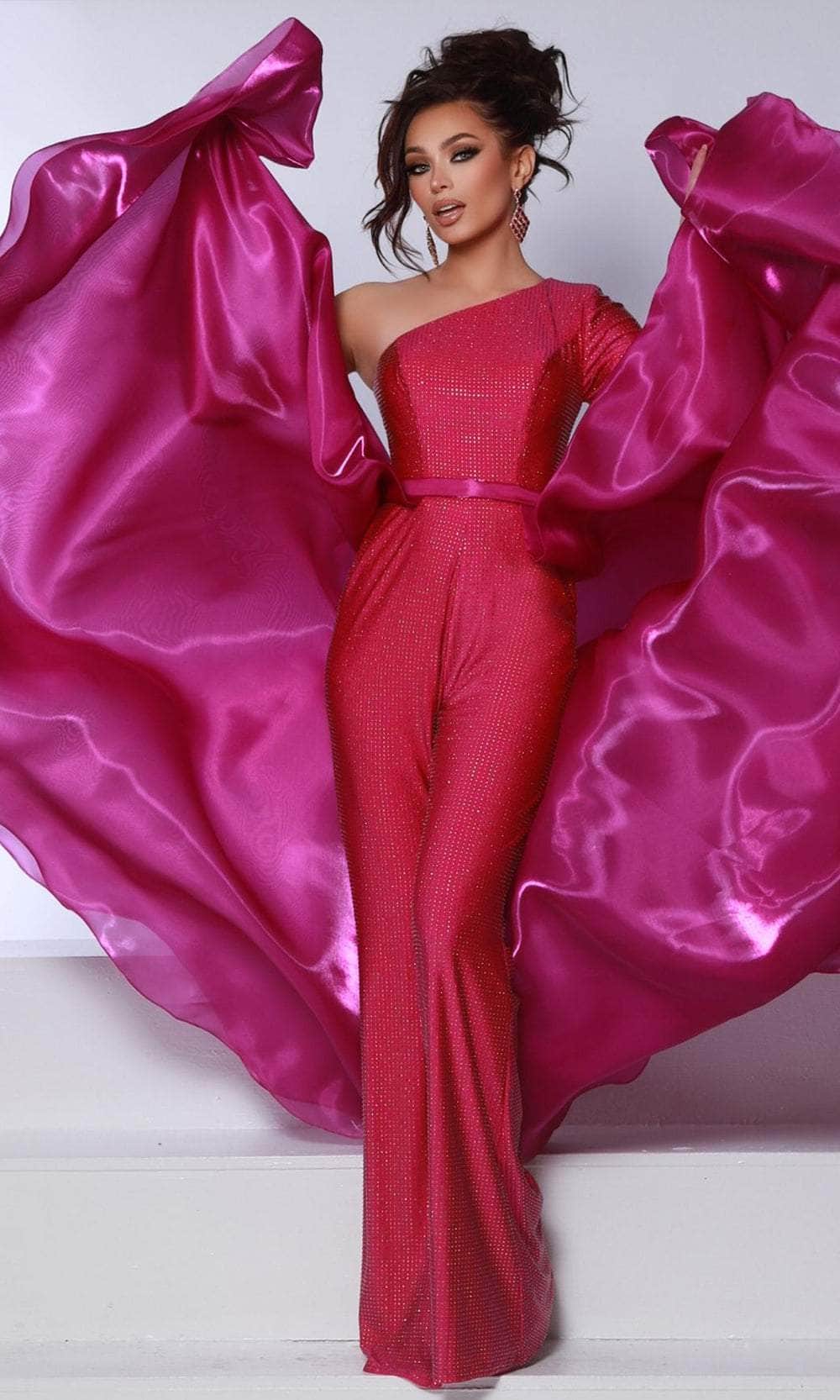 Johnathan Kayne 3103 - Asymmetric Neck Overskirt Jumpsuit Formal Pantsuits