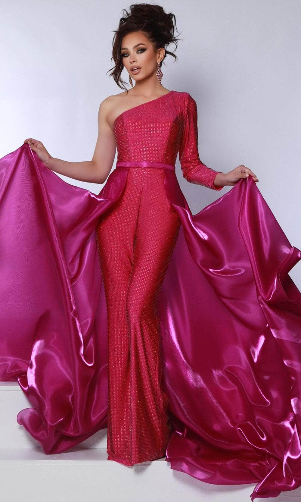 Johnathan Kayne 3103 - Asymmetric Neck Overskirt Jumpsuit Formal Pantsuits