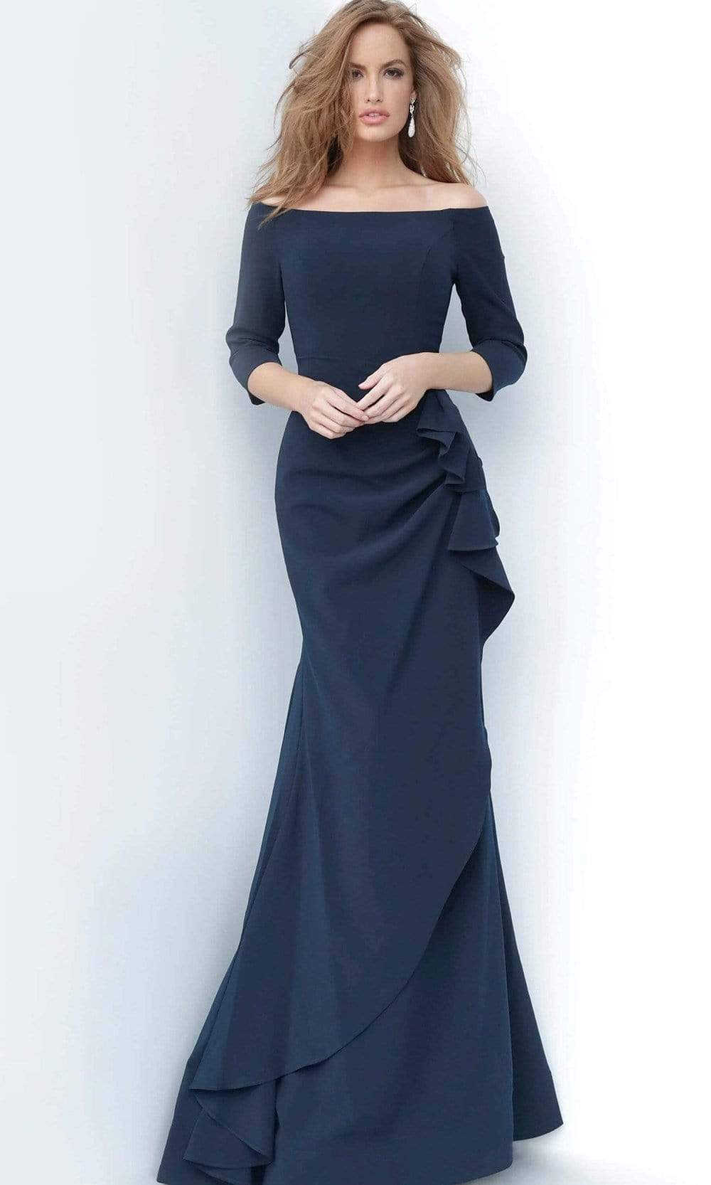Jovani - 00446 Off Shoulder Drape Crepe Mermaid Dress Evening Dresses 00 / Navy