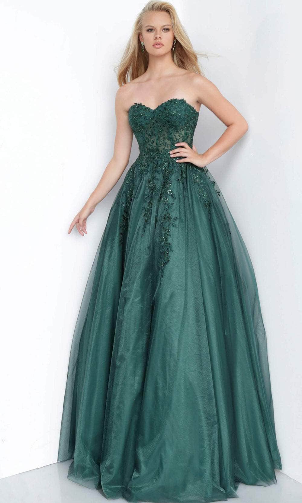 Jovani 00915 - Strapless Embroidered Prom Dress Prom Dresses 00 / Emerald