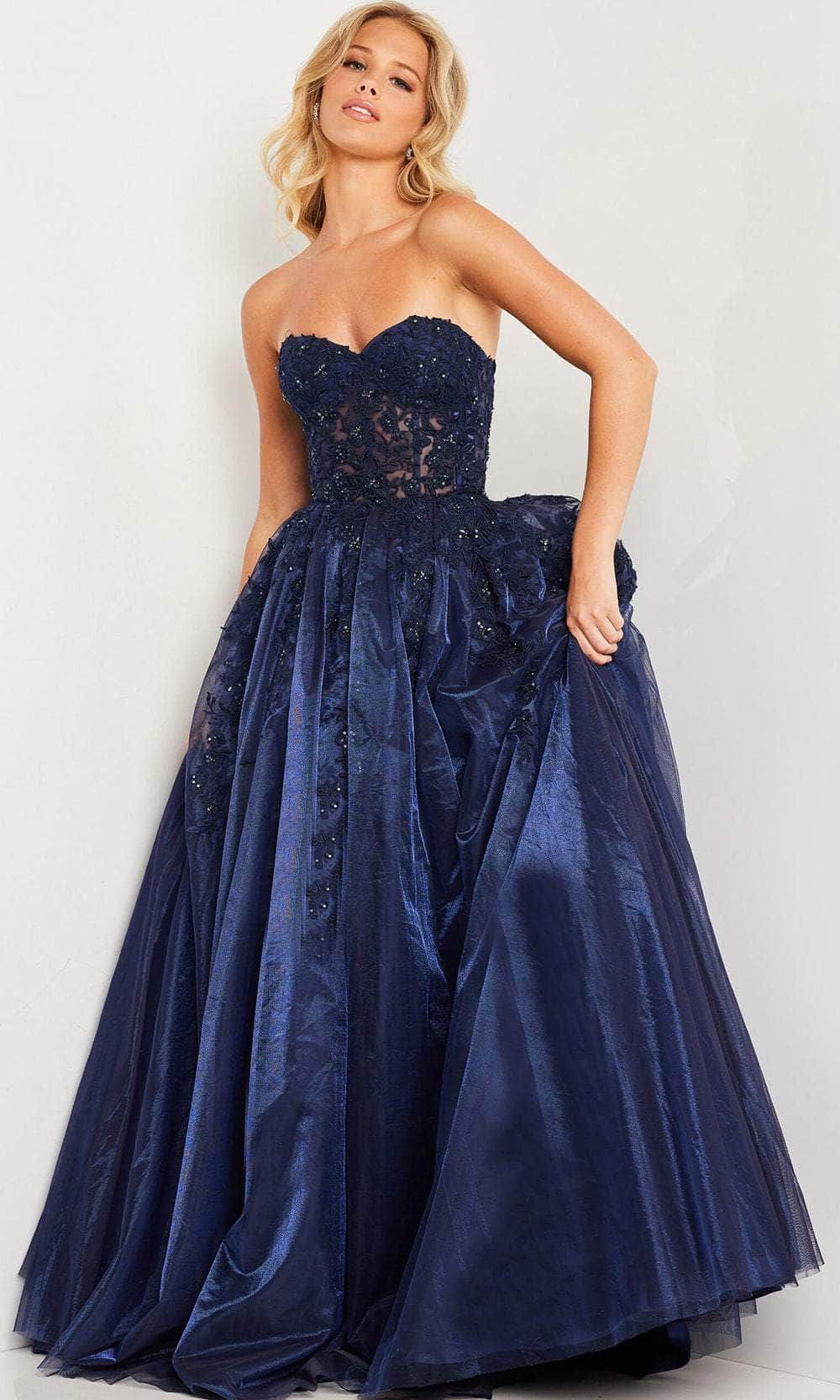 Jovani 00915 - Strapless Embroidered Prom Dress Prom Dresses 00 / Navy
