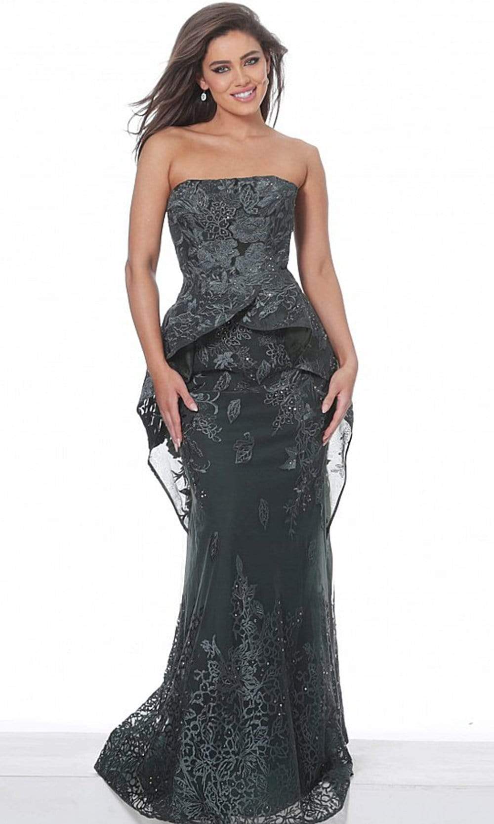 Jovani - 02222 Strapless Ruffled Peplum Sheath Gown Evening Dresses 00 / Hunter