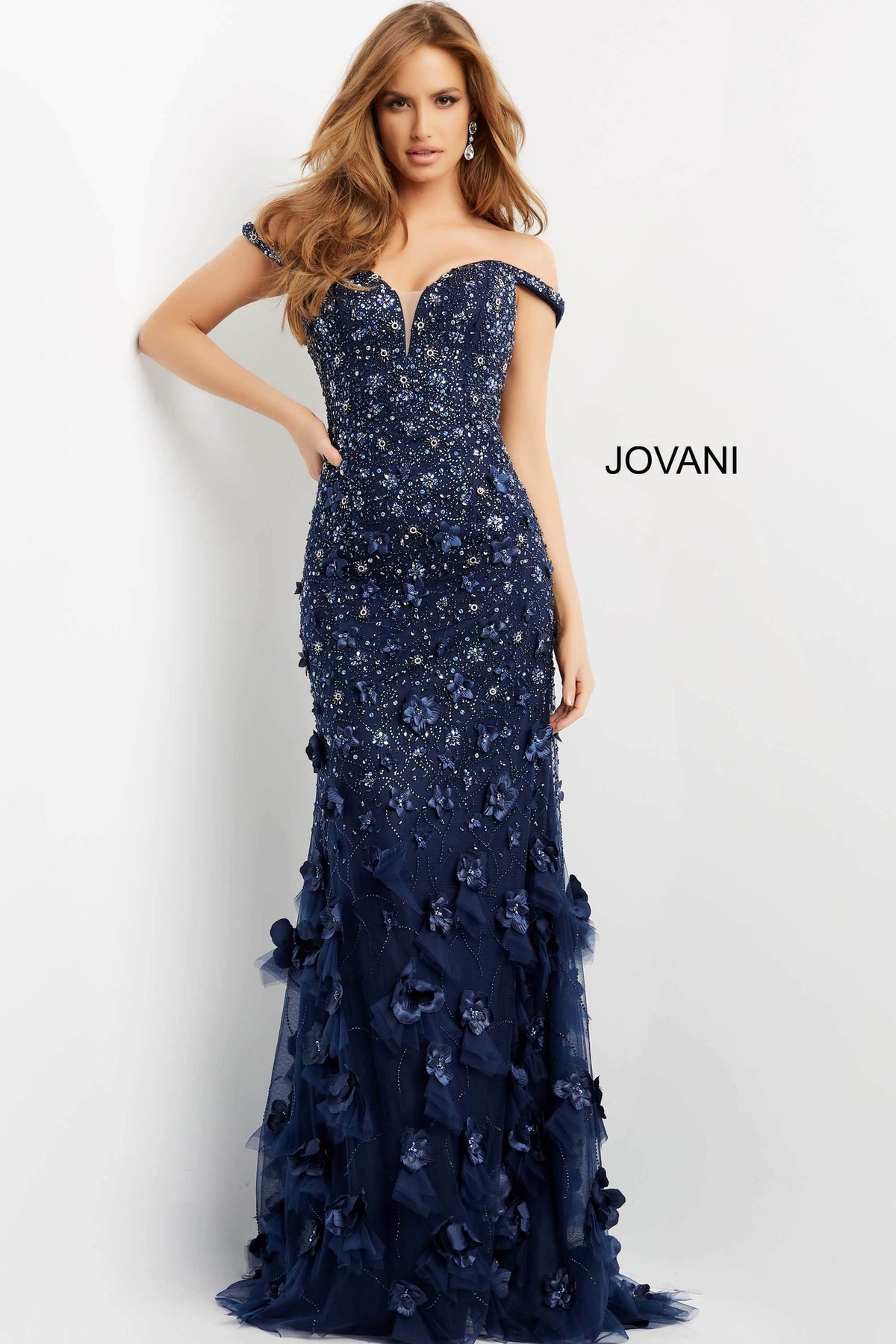 Jovani - 03191 Floral Appliques Off Shoulder Fitted Evening Dress Evening Dresses 00 / Navy