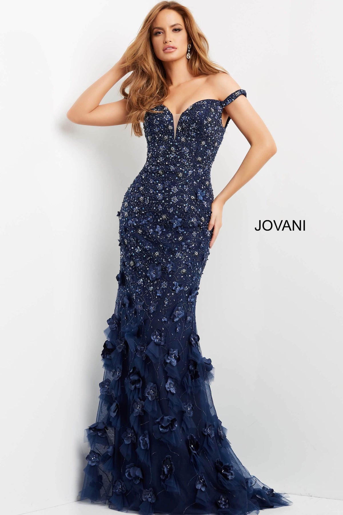Jovani - 03191 Floral Appliques Off Shoulder Fitted Evening Dress Evening Dresses