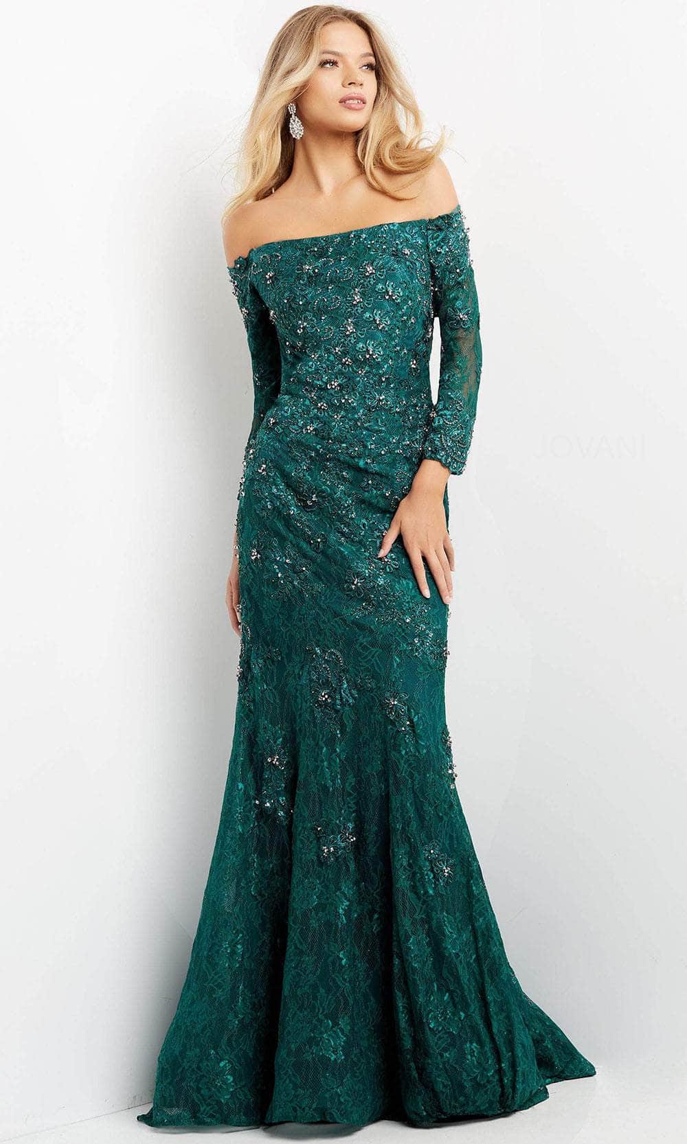 Jovani 03651 - Straight Across Lace Evening Gown Evening Dresses 00 / Emerald